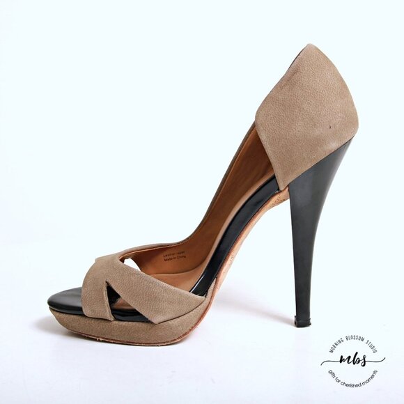 L.A.M.B. Gwen Stefani Leather Peep Toe Platform Heels in Taupe - Picture 7 of 12